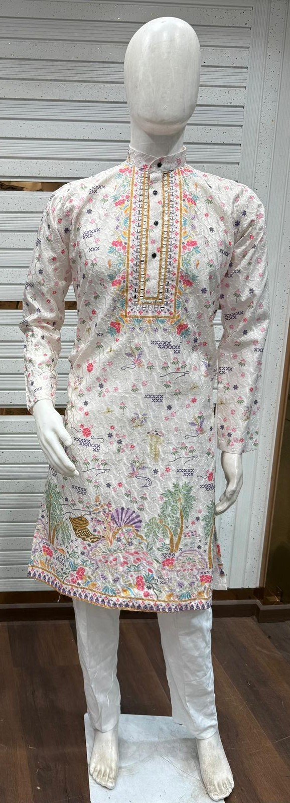 Jungle Printed Mirror Daman Work Kurta