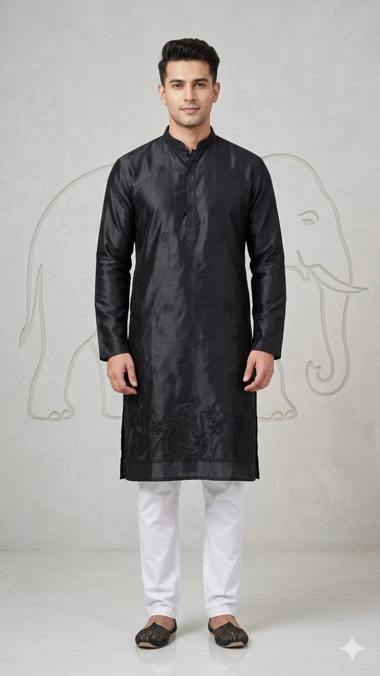 Plain Flowers Daman Work Kurta