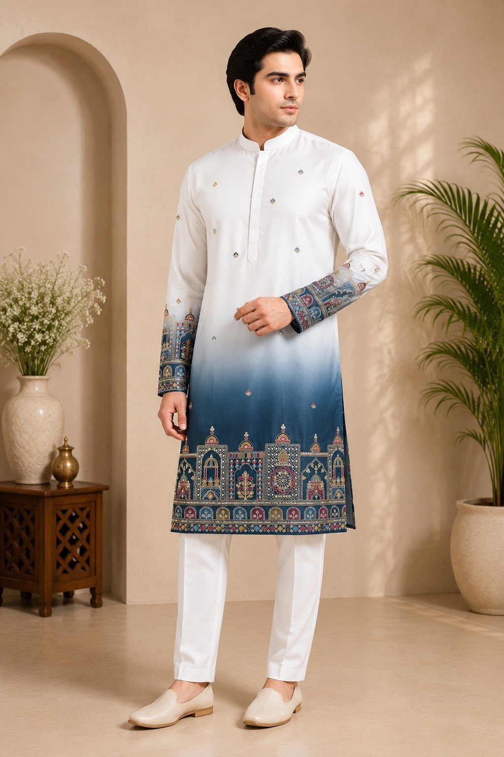 Shaded Rajmahal Malai Satin Daman Work Kurta