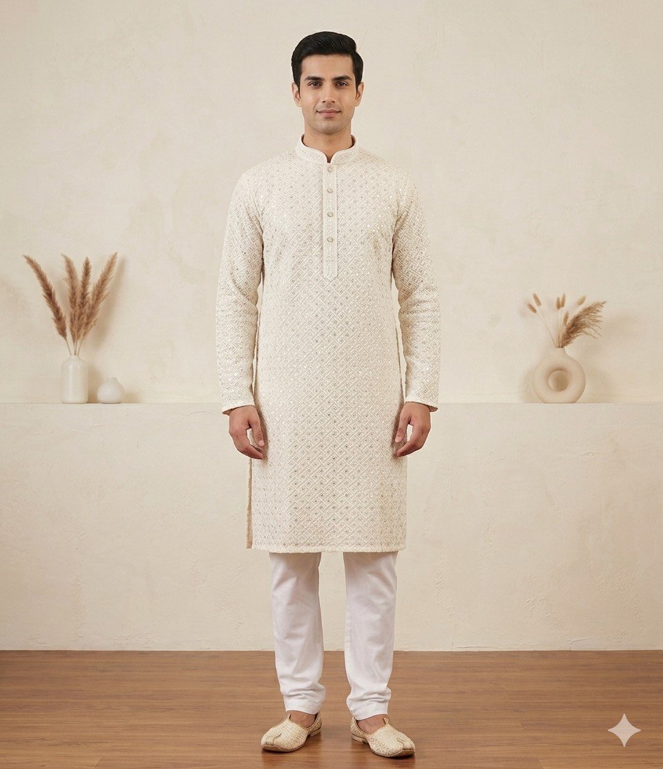 Cream Embroidery Designer Lakhnavi Kurta