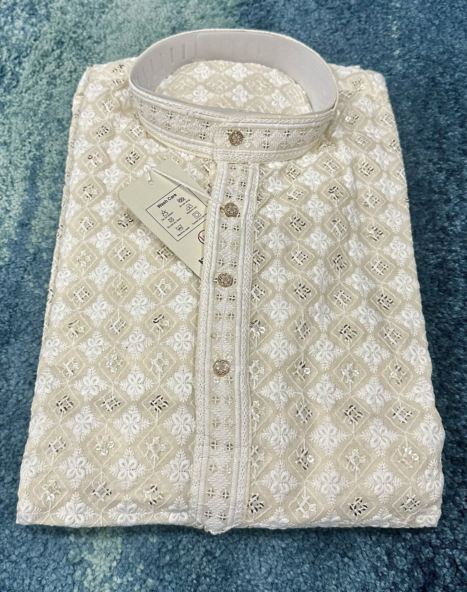 Cream Embroidery Designer Lakhnavi Kurta - Image 3