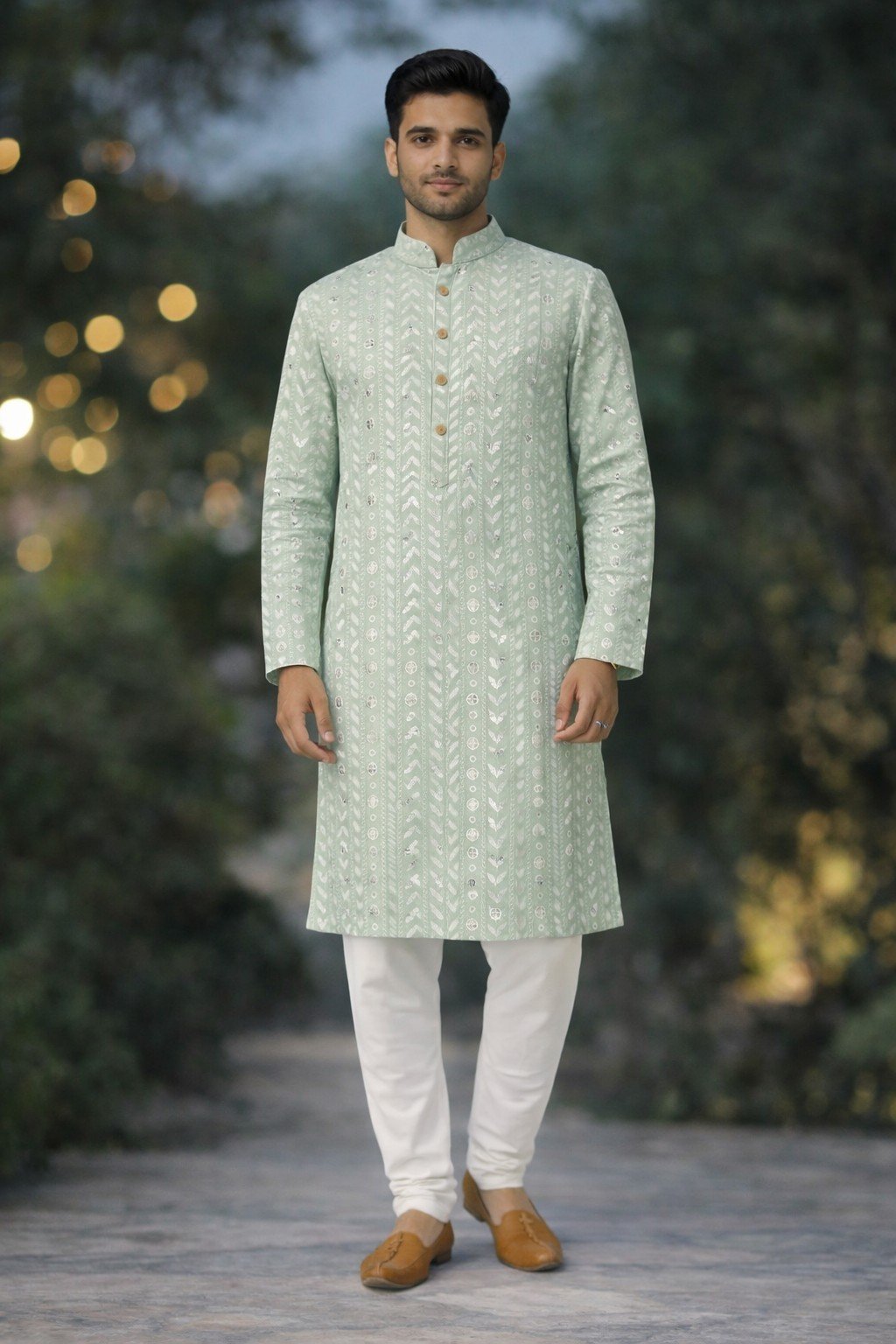 Pista Green Designer Lakhnavi Kurta