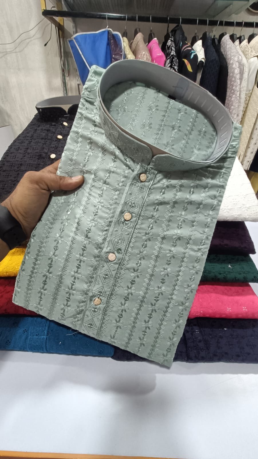Dusty Green Lakhnavi Kurta - Image 2