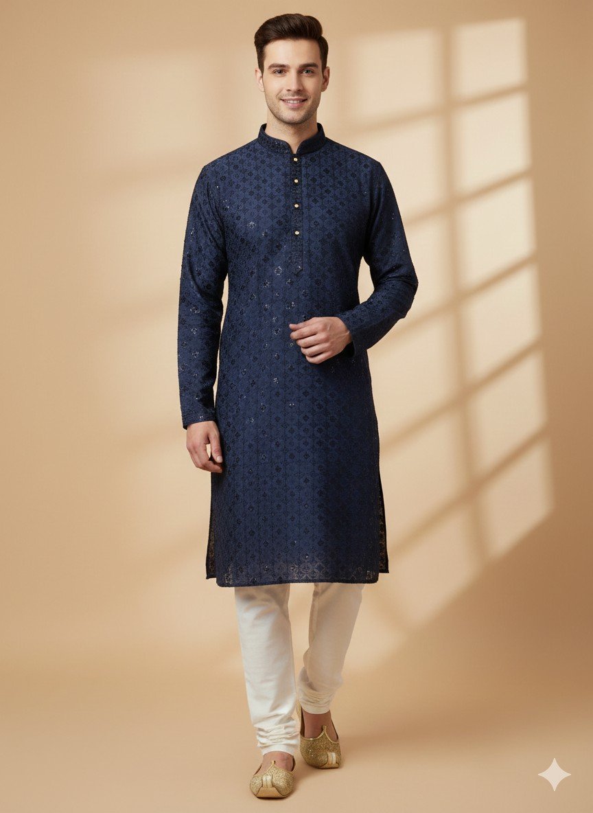 Navy Blue Lakhnavi Kurta