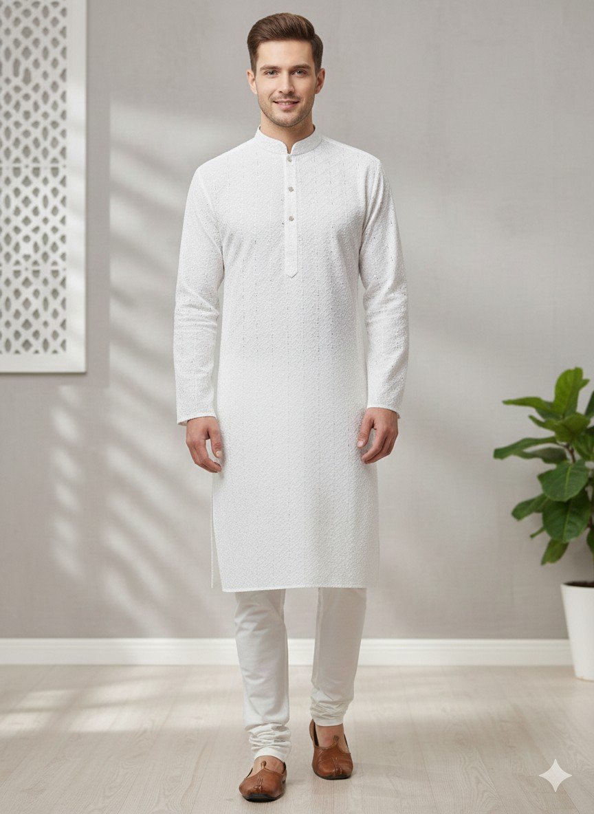 White Lakhnavi Kurta