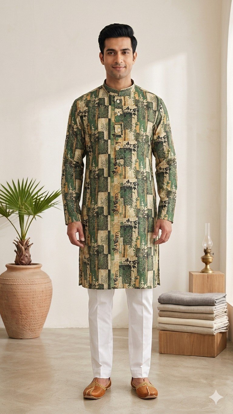 Green Yellow Rectangular Printed Kurta