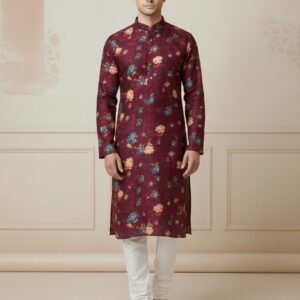 Maroon Flower Malai Satin Printed Kurta