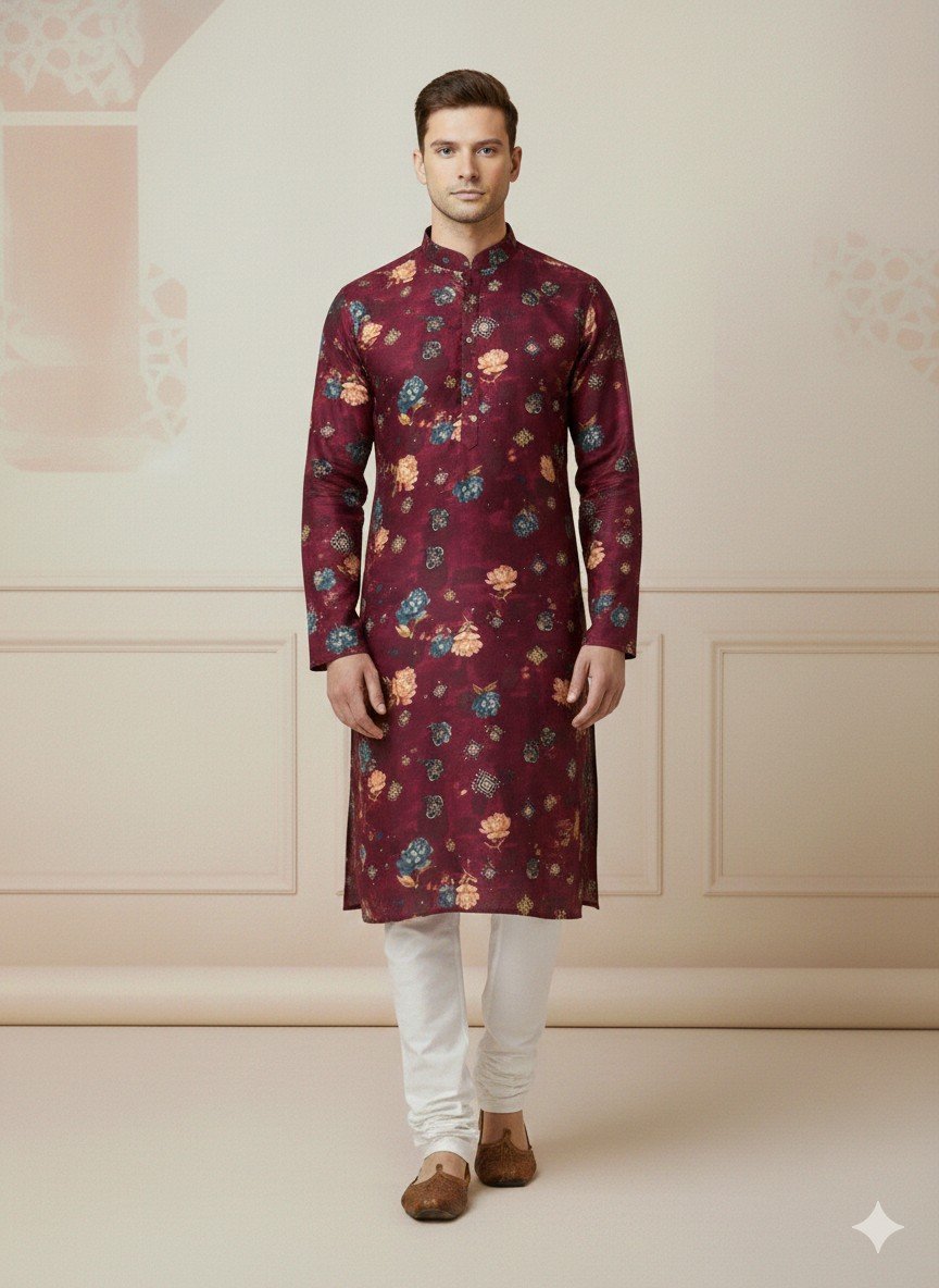 Maroon Flower Malai Satin Printed Kurta
