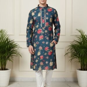 Navy Blue Flower Malai Satin Printed Kurta