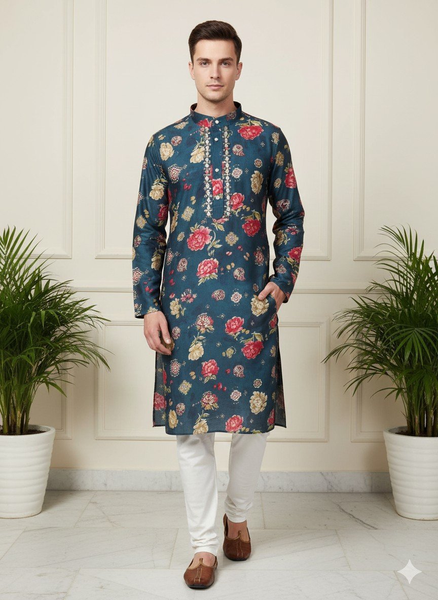 Navy Blue Flower Malai Satin Printed Kurta