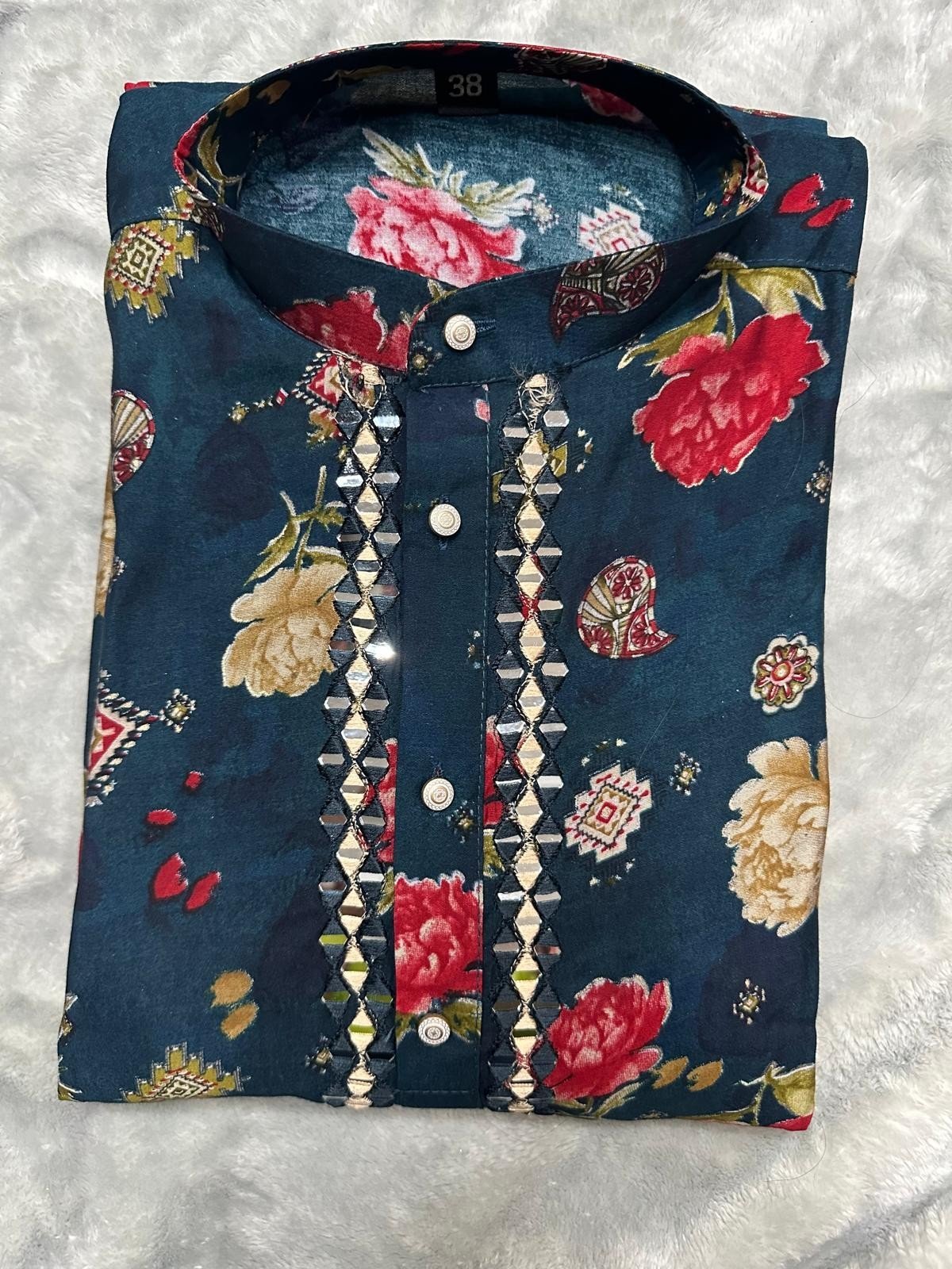 Navy Blue Flower Malai Satin Printed Kurta - Image 2