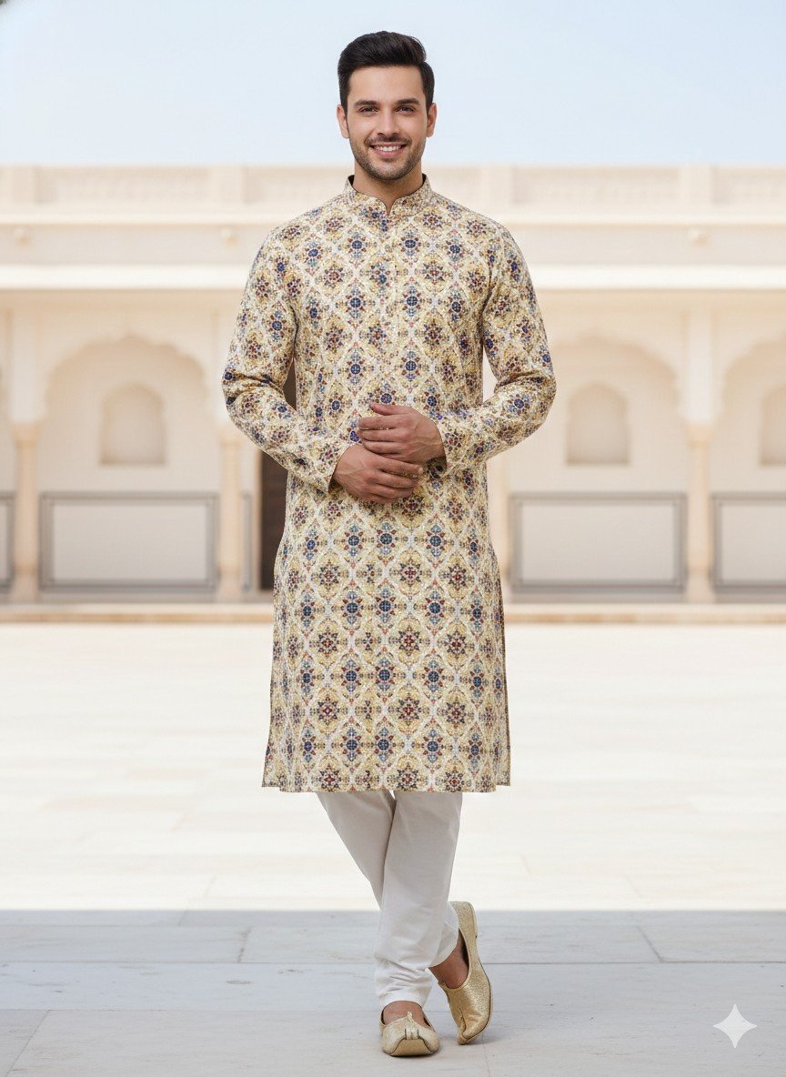 Off white Designer Printed Kurta