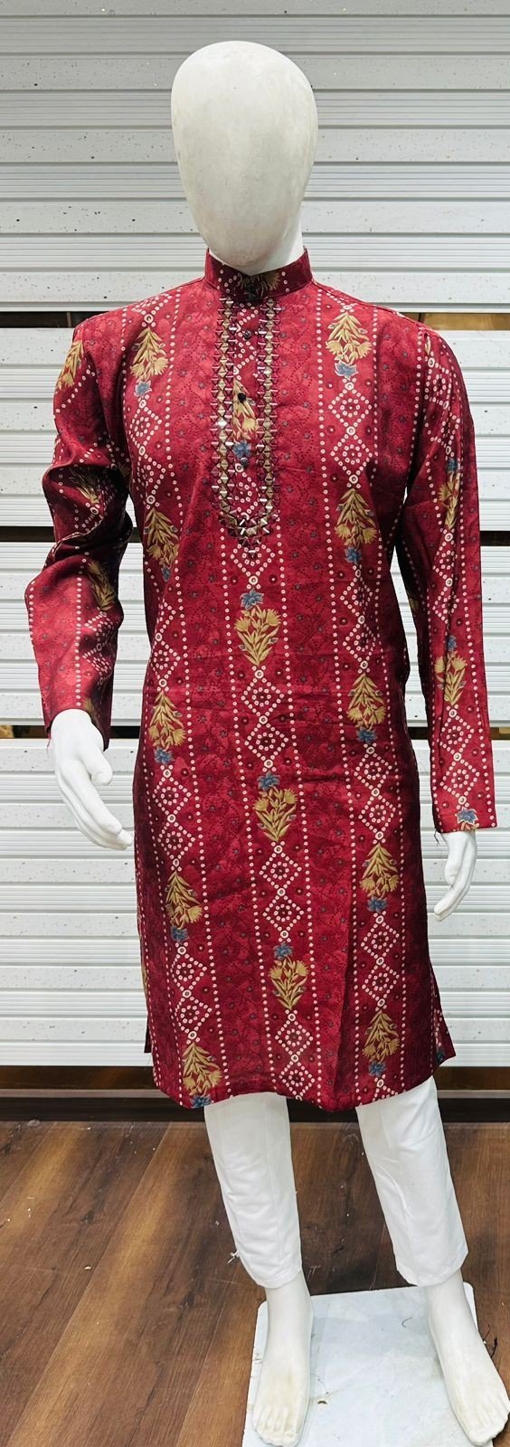 Red Bandhani Malai Satin Printed Kurta