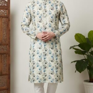 White Maple Leaves Printed Kurta