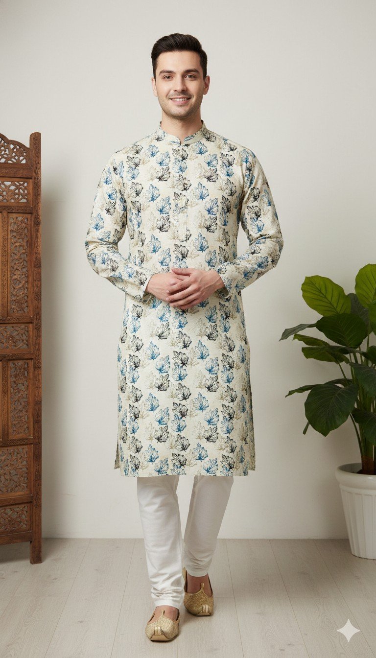 White Maple Leaves Printed Kurta