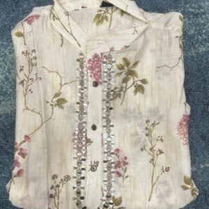 White Pink Flower Malai Satin Printed Kurta