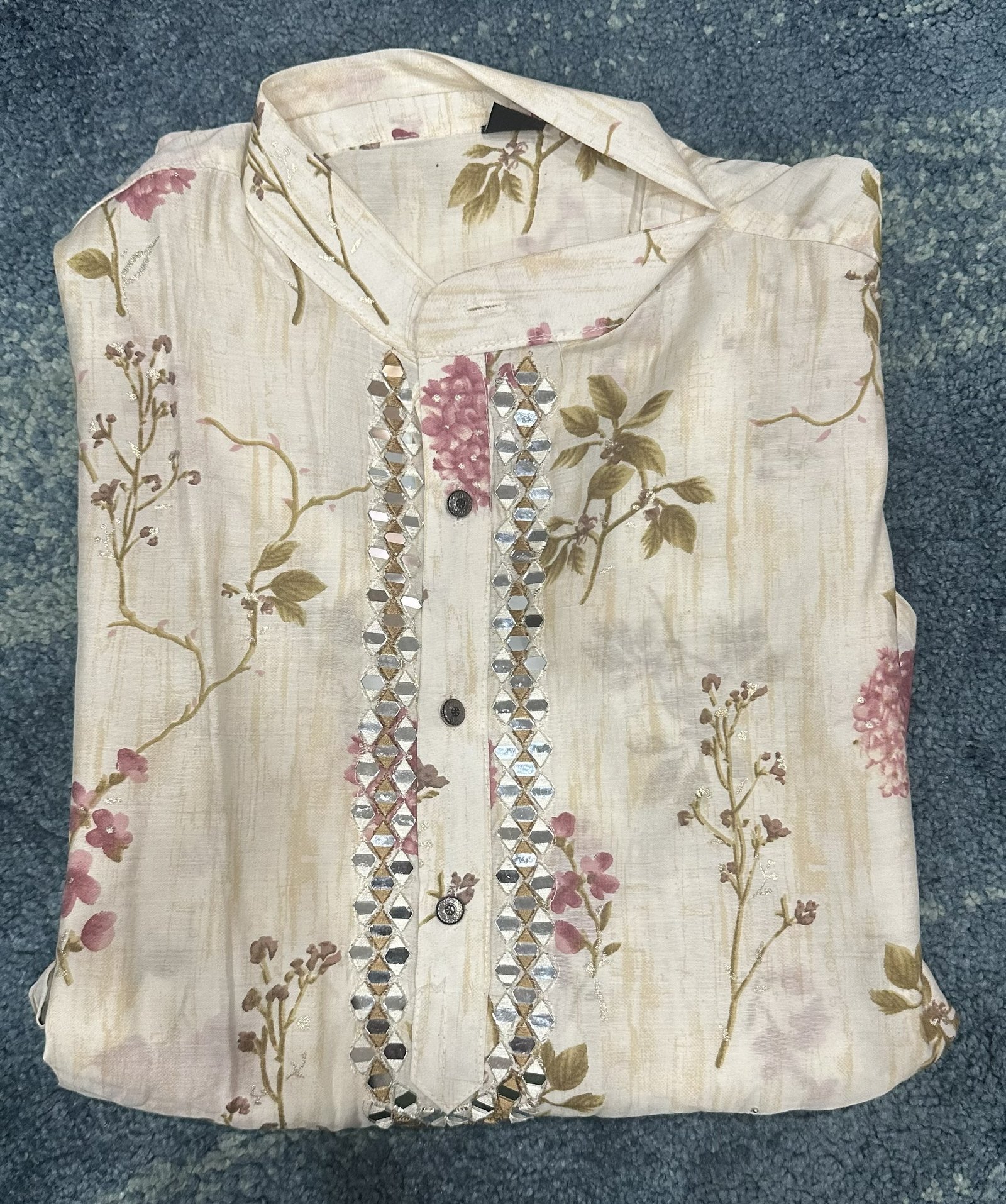 White Pink Flower Malai Satin Printed Kurta