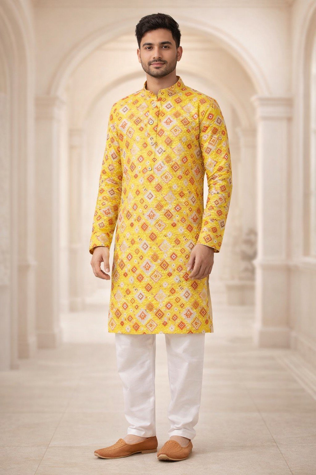 Yellow Red tiles Printed Kurta