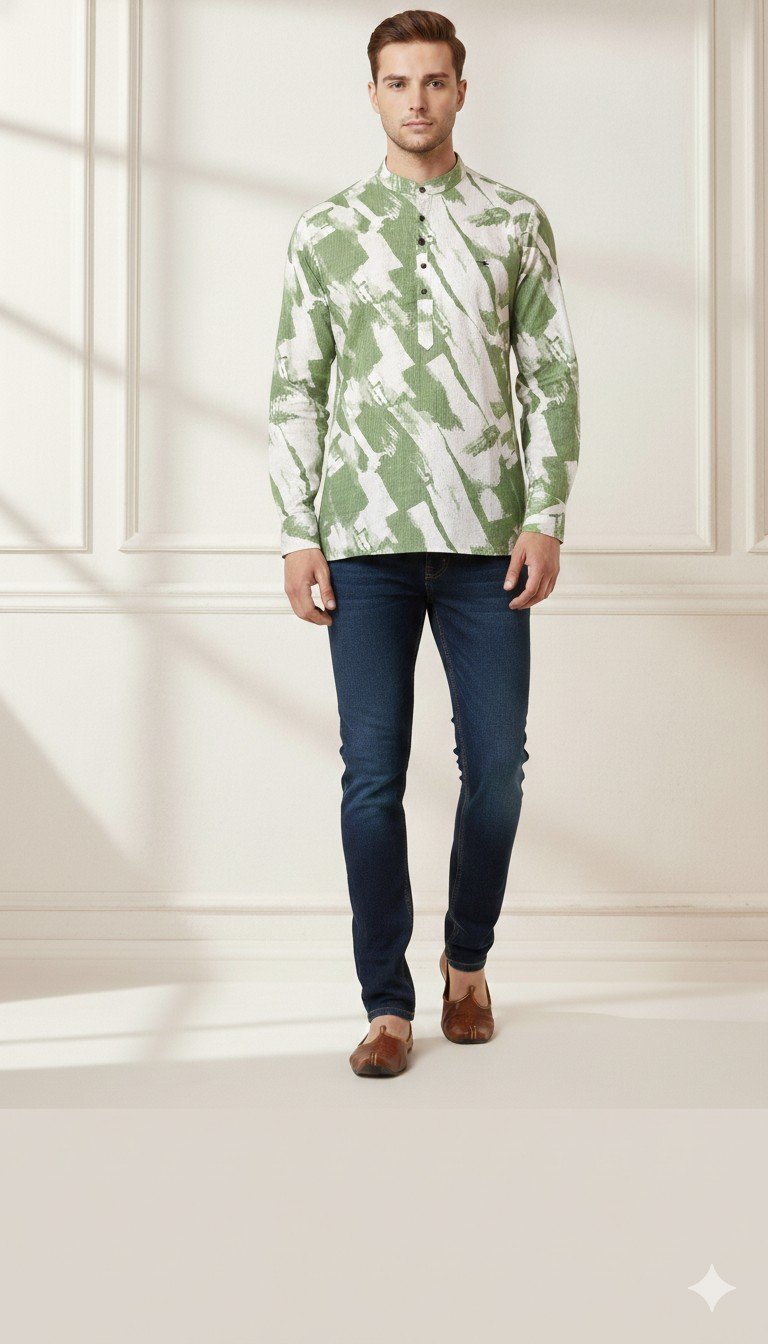Green Paint Lines Short Kurta