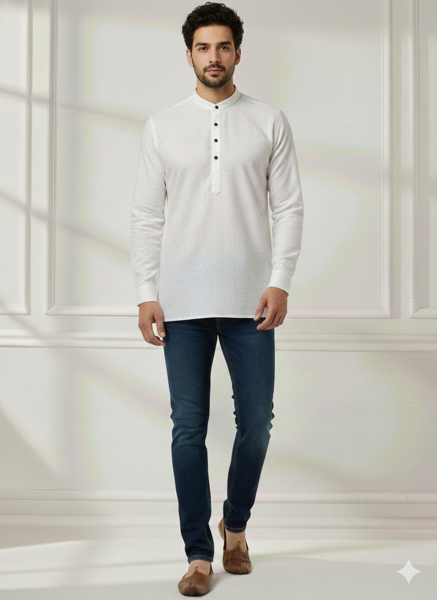 Plain White Chequers Short Kurta